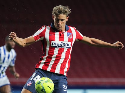 Marcos Llorente durante el penúltimo partido de liga del Atlético Madrid en la temporada pasada ante la Real Sociedad en el Wanda Metropolitano.