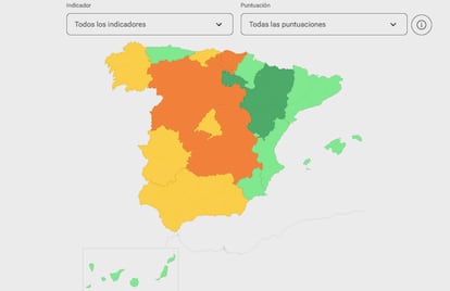 Visualización del mapa de la anticoncepción en España en la herramienta interactiva creada por la Federación de Planificación Estatal para ver en qué situación está cada autonomía. El verde oscuro indica excelencia; el claro, situación óptima; el amarillo, mejorable; y el naranja, muy mejorable. 