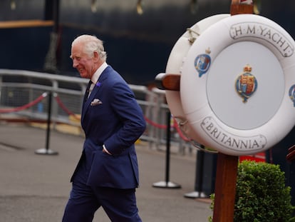 King Charles III leaves the Royal Yacht Britannia after his visit on July 3, 2023, in Edinburgh, Scotland.