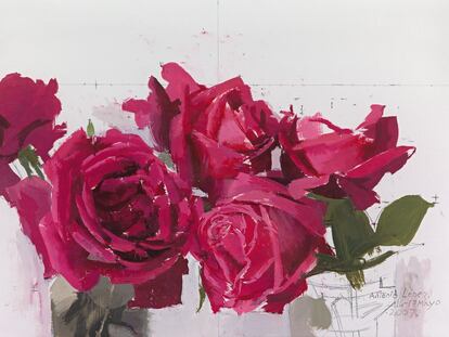 Obra 'Rosas rojas', de Antonio López de 2007. Óleo sobre papel conqueror verjurado.