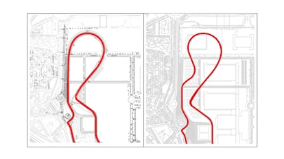 A la izquierda, trazado inicial del circuito. A la derecha, retranqueo propuesto de la recta para aminorar el ruido.