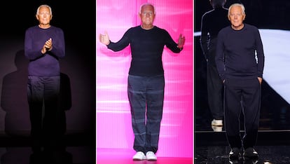 Giorgio Armani

En los grandes eventos, el italiano encarna la elegancia con traje negro y camisa blanca. Pero cuando se trata de saludar tras los desfiles, sus mejores compañeros son los jerséis y pantalones azul marino.