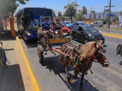 Un carro tirado por un caballo circula por una calle de La Pintana, Santiago de Chile, el 16 de diciembre de 2021.