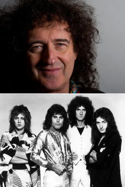 Brian May, en Los Ángeles, durante la promoción de su libro <i>¡Bang! La historia completa del universo.</i> Abajo, Queen.