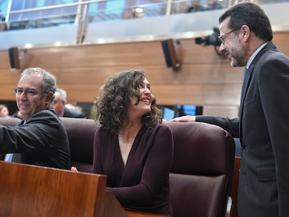 La presidenta de la Comunidad de Madrid, Isabel Díaz Ayuso, conversa con el consejero de Economía, Hacienda y Empleo de la Comunidad de Madrid, Javier Fernández-Lasquetty, en la Asamblea de Madrid.