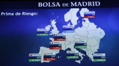 Monitor en la bolsa de Madrid que muestra, entre otras, la prima de riesgo de España, que mide la confianza del mercado en la deuda soberana española. EFE/Archivo