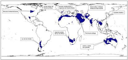 Las regiones en azul son áreas identificadas por los investigadores como zonas de nueva prioridad para la conservación de la fauna, tras incorporar los reptiles al atlas de la vida (click para ampliar).