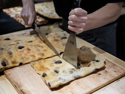 Olive focaccia made by Forno Bomba restaurant in Barcelona.