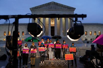 Student debt relief advocates gather outside the Supreme Court on Capitol Hill in Washington, Monday, Feb. 27, 2023.