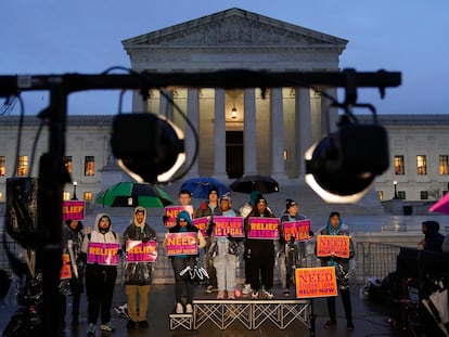 Student debt relief advocates gather outside the Supreme Court on Capitol Hill in Washington, Monday, Feb. 27, 2023.