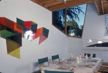 Interior of American modern architect Frank Gehry's house showing the dining area just off the kitchen, Santa Monica, California, January 1980.
