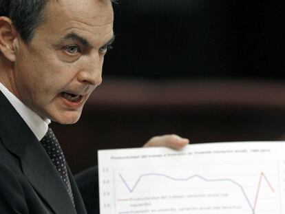 Zapatero muestra un gráfico sobre la crisis durante el debate.