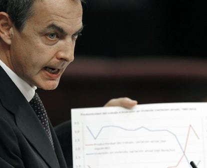 Zapatero muestra un gráfico sobre la crisis durante el debate.