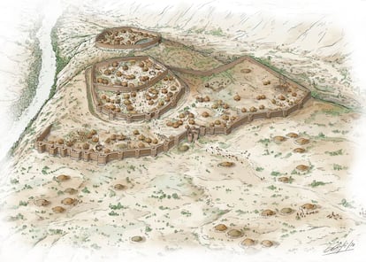 Reconstrucción de la necrópolis y poblado de Los Millares (los tres espacios amurallados interiores), de Iñaki Dieguez Uribeondo.