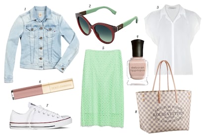 1. Replay Chaqueta vaquera con detalles desgastados. 2. Fendi Gafas de sol con montura de pasta. 3. Bimba & Lola Camisa con manga corta. 4. Deborah Lippmann Laca de uñas. 5. Zara Falda lápiz de guipur. 6. Dolce & Gabbana Lip gloss. 7. Converse Sneaker de loneta. 8. Louis Vuitton Shopping bag de lona Damier con leyenda.