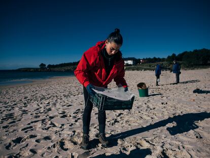 Varios voluntarios limpian las playas de Muros (A Coruña) de 'pellets' de plástico, este domingo.