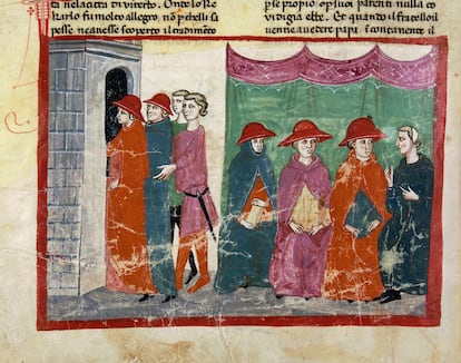 The Conclave of Viterbo, 14th century, miniature from the Nuova Cronica (New Chronicles) by Giovanni Villani (1276-1348), Chigi Codex, Vat Chigi L 296 VIII