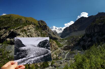 Balibouse ha pasado los últimos tres años embarcado en esta tarea, que ha tenido como fruto 12 imágenes comparativas del antes y el después de los glaciares o de las montañas desnudas donde antes había hielo. "En 150 años uno de los glaciares había descendido 200 metros y se había reducido tres kilómetros. Es alucinante la cantidad de hielo que se ha perdido", ha afirmado el fotógrafo. En la imagen, el glaciar Gormeren actualmente y, en blanco y negro, en una imagen tomada en 1863.