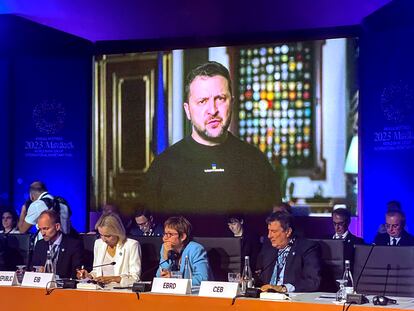 El presidente ucraniano, Volodímir Zelenski, durante la Conferencia del Fondo Monetario Internacional (FMI) celebrada en Marrakech (Marruecos) el 11 de octubre.