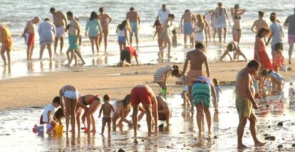 Decenas de bañistas aprovechan la marea baja para capturar marisco en una playa de Huelva.