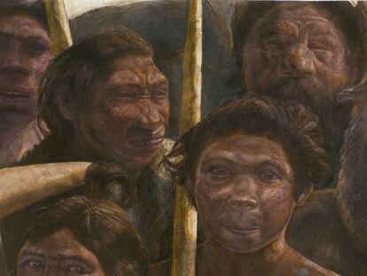 Representação de um grupo de hominídeos na Sima de los Huesos, no sítio arqueológico espanhol de Atapuerca.