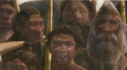 Representación de un grupo de homínidos en la Sima de los Huesos, en el yacimiento de Atapuerca.