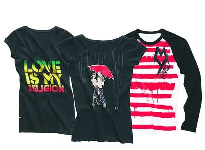 Camisetas diseñadas para la campaña Fashion Against AIDS en la que han participado músicos y creadores internacionales. Las prendas se venderán en la sección dedicada al público joven de H&M.