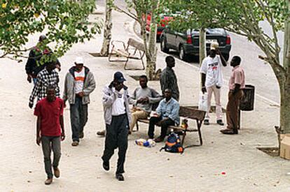 Inmigrantes subsaharianos, en el parquecito de la madrileña avenida de Pablo Iglesias, en Madrid.