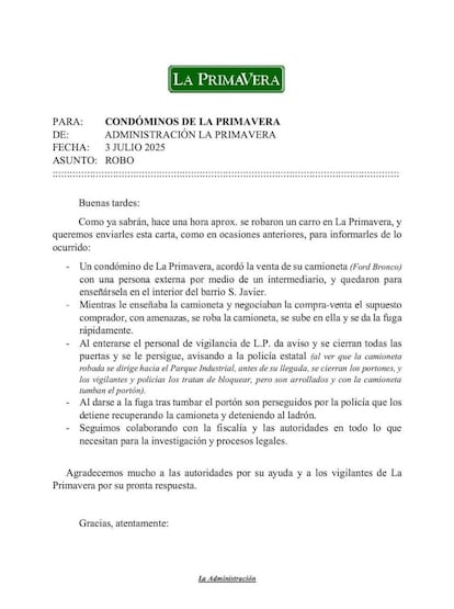 Comunicado para los residentes de La Primavera.