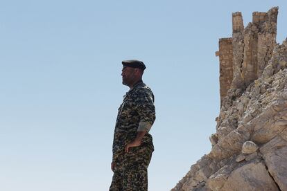 Un soldado iraní admira las vistas sobre el yacimiento del Palmira desde el castillo.