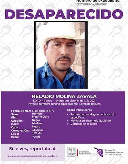 Cartel de búsqueda con la imagen de Heladio Molina Zavala, desaparecido en la ciudad de Cajeme (México). 