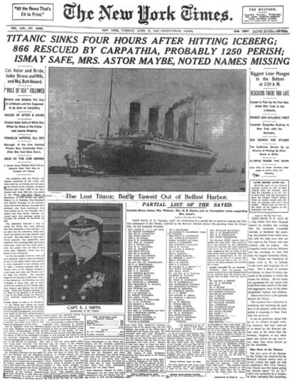 Portada de 'The New York Times' con la noticia del hundimiento del Titanic.