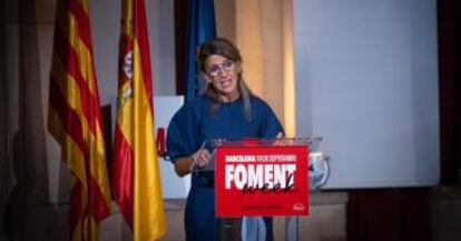 La ministra de Trabajo, Yolanda Díaz, interviene durante la apertura del Foro empresarial 'Mirando a Europa'.