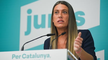 La portavoz en el Congreso de Junts, Miriam Nogueras, durante una rueda de prensa, el pasado 4 de marzo, en Barcelona.