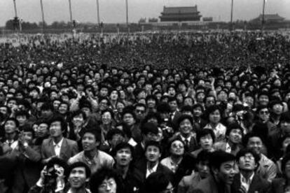 Manifestación de estudiantes en la Plaza de Tiananmen de Pekín en 1989.