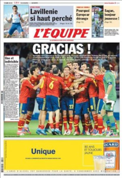 Portada de ayer del diario francés L'Equipe
