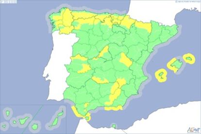 Mapa de alertas meteorológicas de hoy elaborada por la Agencia Estatal de Meteorología.