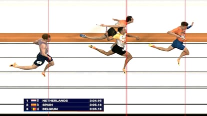 Foto finish del 4x400 masculino. El cuello de Erta da la plata.