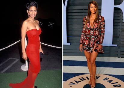 A comienzos de los 90 Halle Berry lucía tupé, como este con el que acompañó al vestido palabra de honor que llevó para los Annual NAACP Image Awards de 1992. A la derecha, 26 años después, en la fiesta post-Oscar de Vanity Fair de este año.