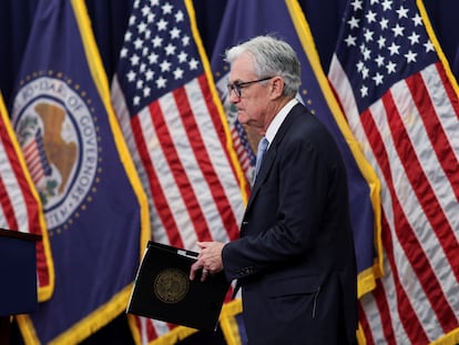 El presidente de la Reserva Federal, Jerome Powell, durante la rueda de prensa de este miércoles tras la reunión del comité de política monetaria.