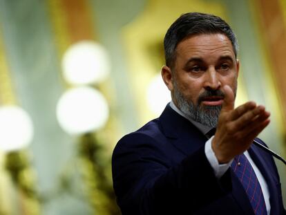 El líder de Vox, Santiago Abascal, durante su intervención en el debate de investidura de Alberto Núñez Feijóo, este viernes.