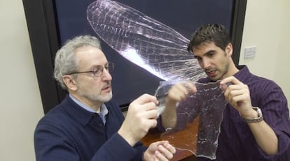 Javier Fernández (a la dreta) mostra una làmina de quitosan a Don Ingber, director de l'Institut Wyss.