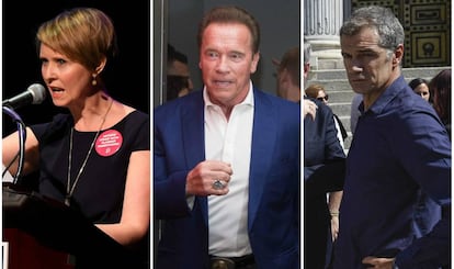 Los actores Cynthia Nixon, Arnold Schwarzenegger y Toni Cantó.