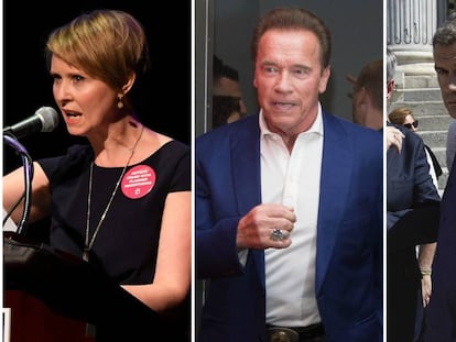 Los actores Cynthia Nixon, Arnold Schwarzenegger y Toni Cantó.