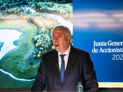 José Vicente de los Mozos, en su intervención en la junta de accionistas de Indra, en Alcobendas (Madrid).