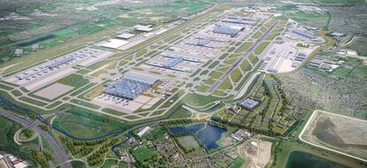 Maqueta del aeropuero de Heathrow con la tercera pista ya construida.