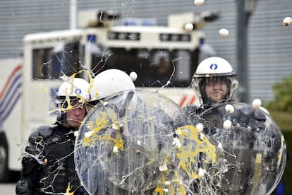 La policía se protege del lanzamiento de huevos que los manifestantes han efectuado frente a la sede de la Unión Europea en Bruselas (Bélgica). Miles de ganaderos se han manifestado este lunes en la capital belga para pedir medidas que den soluciones a la crisis que vive el sector agrícola, sobre todo en los sectores lácteo y porcino.