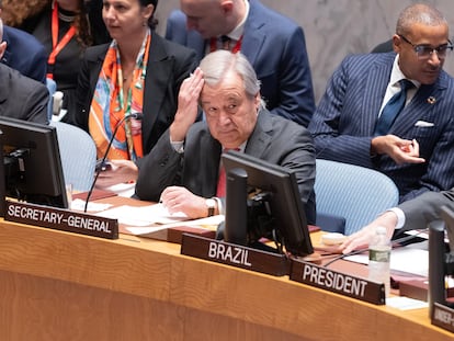 El secretario general de la ONU, António Guterres, en la reunión del Consejo de Seguridad del martes, cuando pronunció el discurso tras el cual Israel pidió su dimisión.