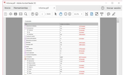 Aspecto del informe forense hecho tras el examen de un dispositivo.