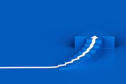 White arrow following the spiral staircase of growth on blue background, 3D arrow climbing up over spiral staircase, 3d stairs with arrow going upward, 3d rendering